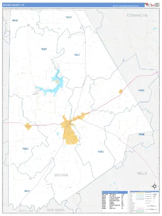 Brown County, TX Business Reference style ZIP Code wall map