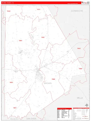 Brown County, TX RedLine style ZIP Code wall map