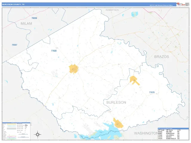 Burleson County, TX ZIP Code Wall Map, Business Reference style