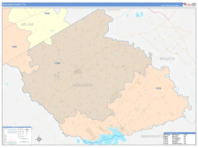 Burleson County, TX ZIP Code Wall Map, ColorCast style
