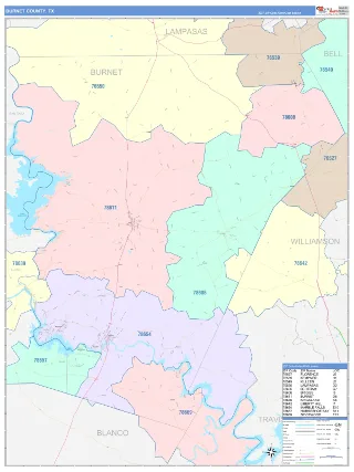 Burnet County, TX ColorCast style ZIP Code wall map