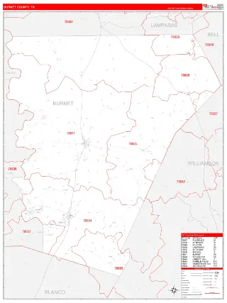Burnet County, TX RedLine style ZIP Code wall map