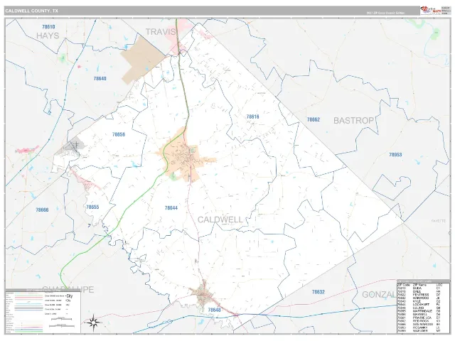 Caldwell County, TX ZIP Code Wall Map, Classic style