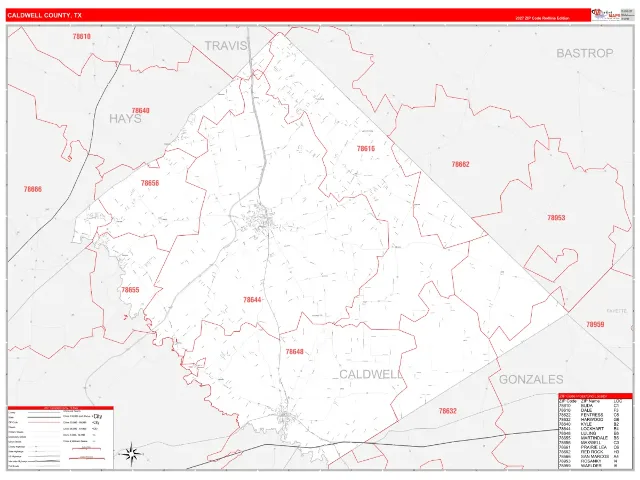 Caldwell County, TX ZIP Code Wall Map, RedLine style