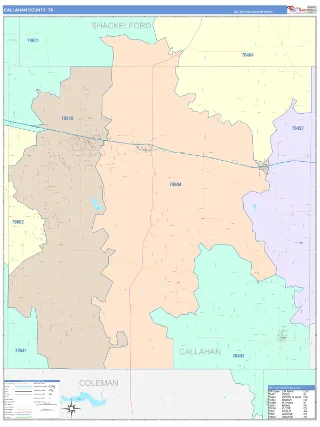 Callahan County, TX ColorCast style ZIP Code wall map