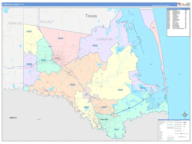 Cameron County, TX ZIP Code Wall Map, ColorCast style