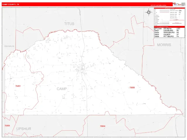 Camp County, TX ZIP Code Wall Map, RedLine style