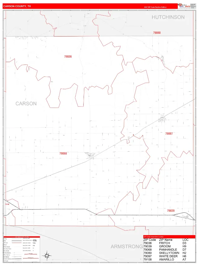 Carson County, TX ZIP Code Wall Map, RedLine style