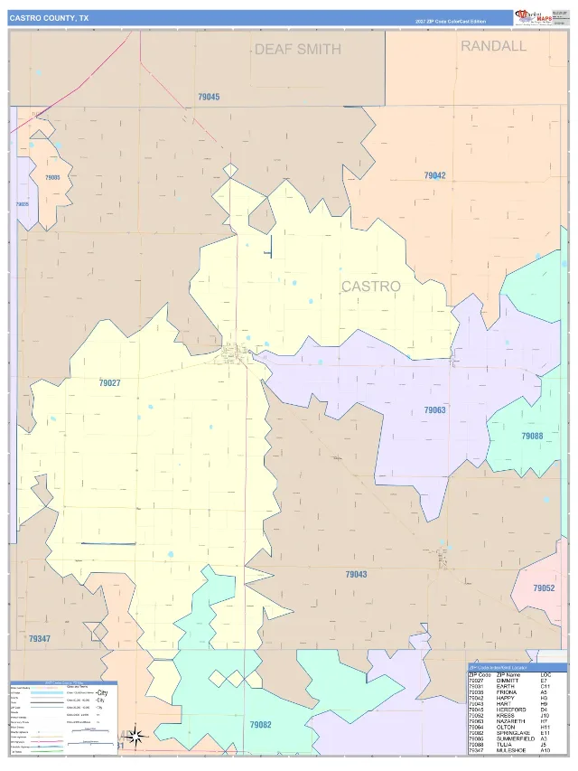 Castro County, TX ZIP Code Wall Map, ColorCast style