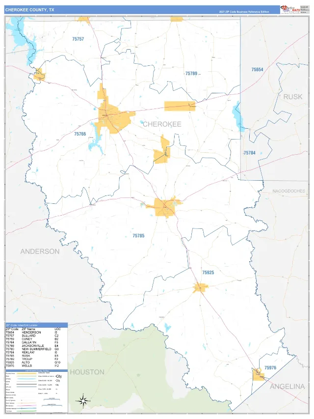 Cherokee County, TX ZIP Code Wall Map, Business Reference style