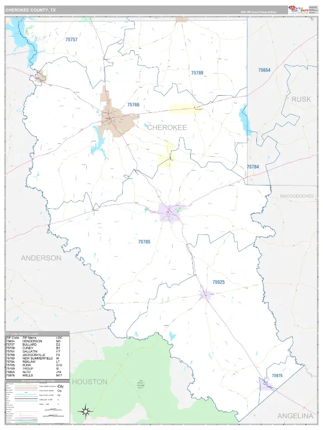 Cherokee County, TX ZIP Code Wall Map, Classic style