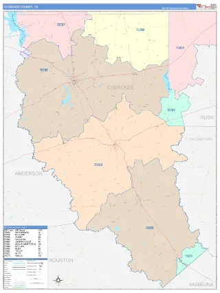 Cherokee County, TX ColorCast style ZIP Code wall map