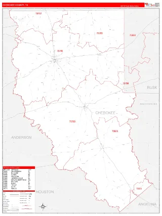 Cherokee County, TX RedLine style ZIP Code wall map