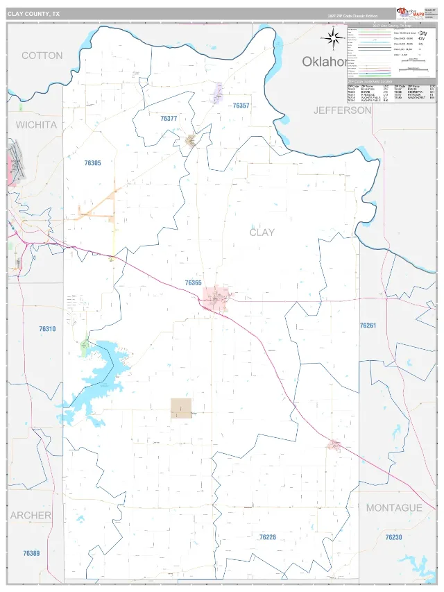 Clay County, TX ZIP Code Wall Map, Classic style