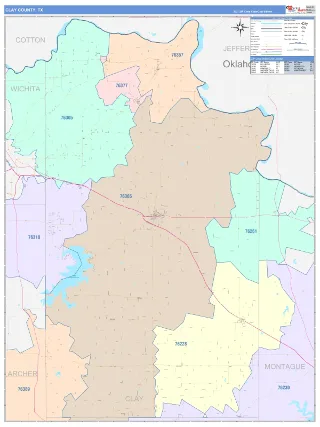 Clay County, TX ColorCast style ZIP Code wall map