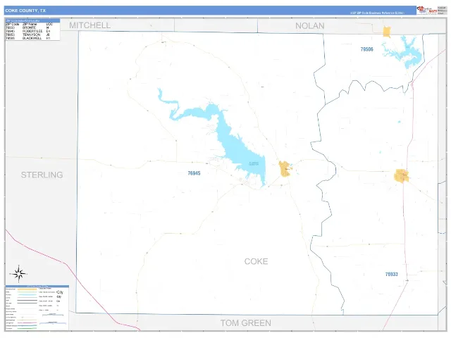Coke County, TX ZIP Code Wall Map, Business Reference style