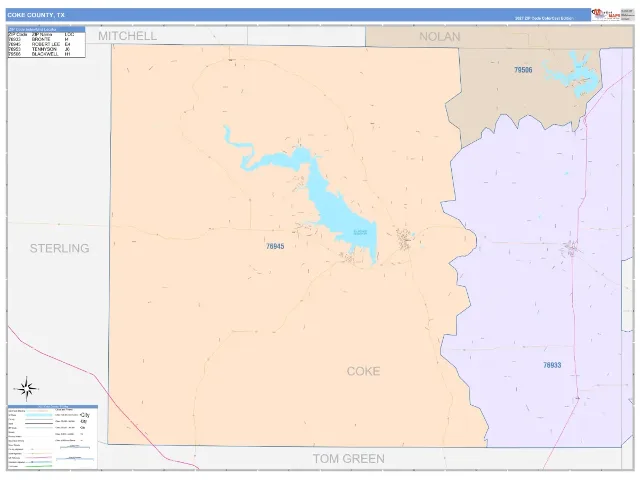 Coke County, TX ZIP Code Wall Map, ColorCast style