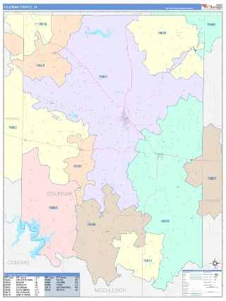 Coleman County, TX ColorCast style ZIP Code wall map