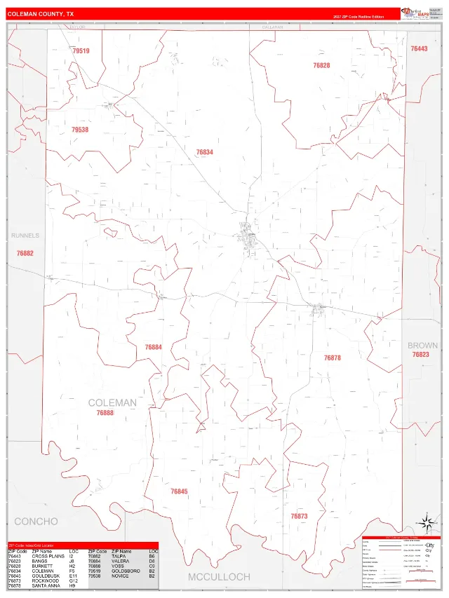 Coleman County, TX ZIP Code Wall Map, RedLine style