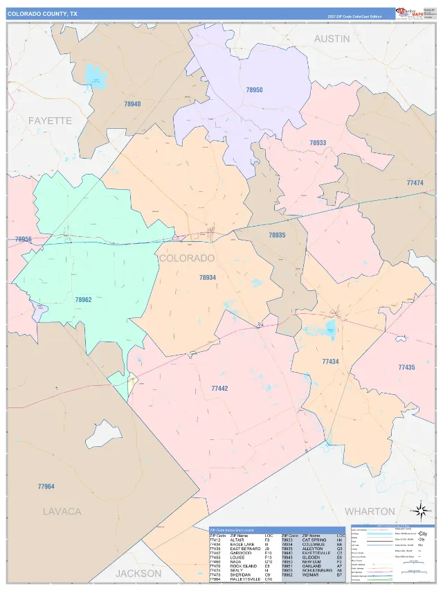 Colorado County, TX ZIP Code Wall Map, ColorCast style