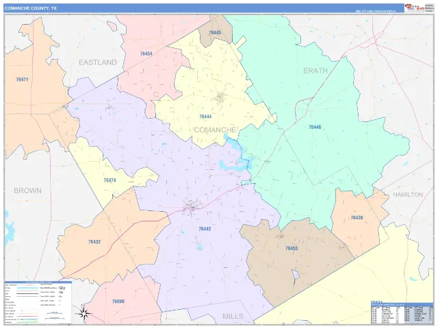 Comanche County, TX ZIP Code Wall Map, ColorCast style