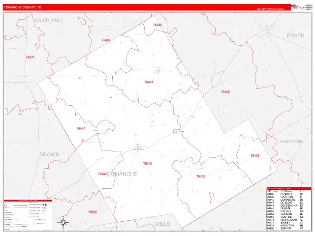 Comanche County, TX ZIP Code Wall Map, RedLine style