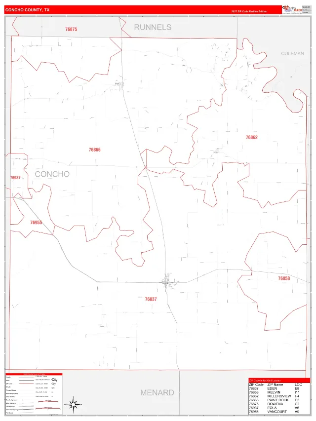 Concho County, TX ZIP Code Wall Map, RedLine style