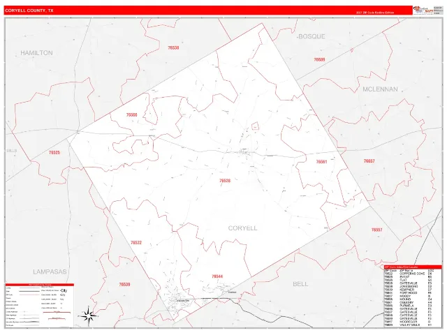 Coryell County, TX ZIP Code Wall Map, RedLine style