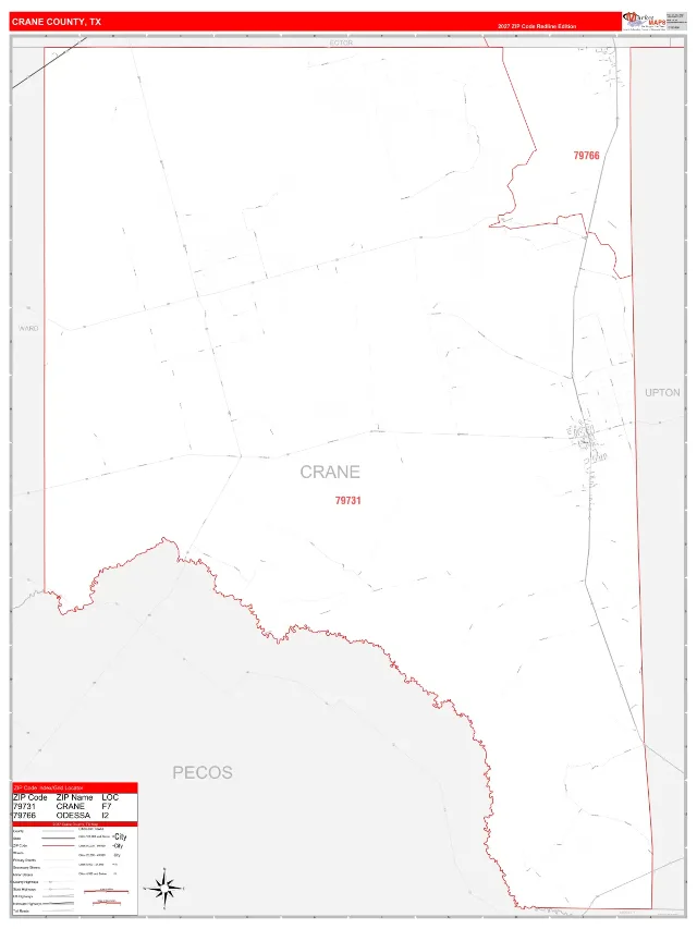 Crane County, TX ZIP Code Wall Map, RedLine style