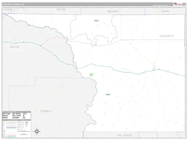 Crockett County, TX ZIP Code Wall Map, Classic style