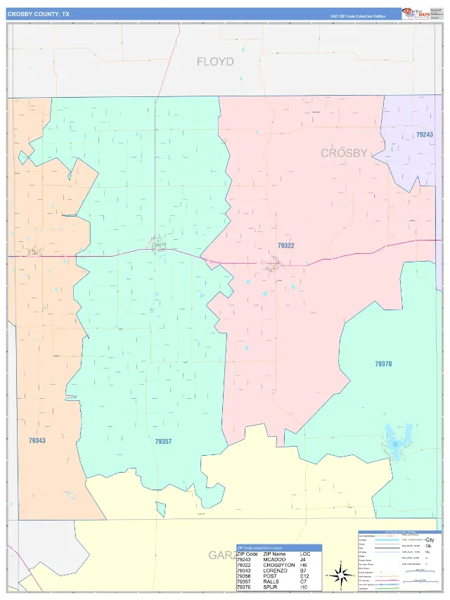 Crosby County, TX ZIP Code Wall Map, ColorCast style