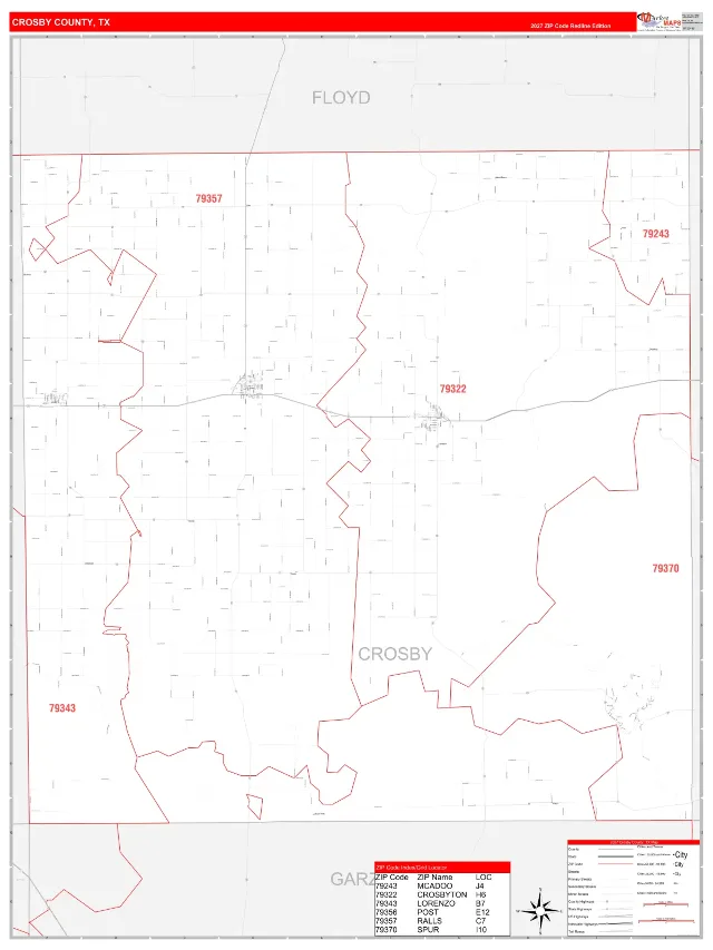 Crosby County, TX ZIP Code Wall Map, RedLine style