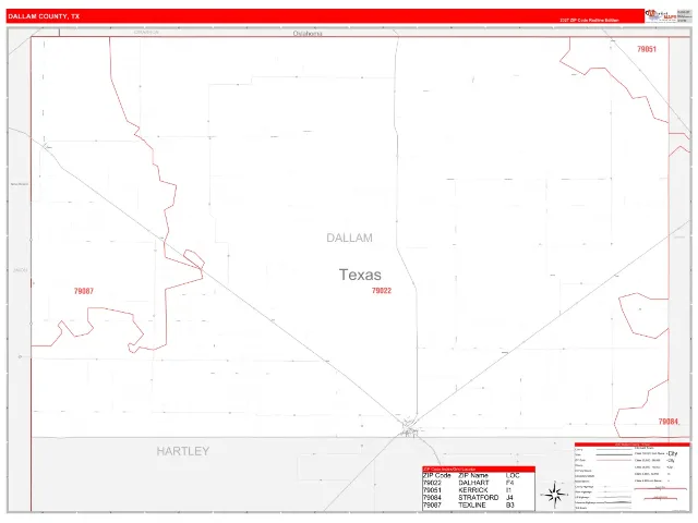Dallam County, TX ZIP Code Wall Map, RedLine style