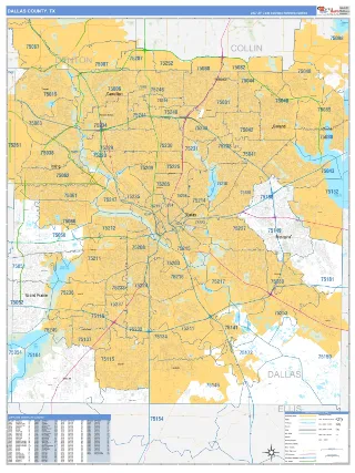 Dallas County, TX Business Reference style ZIP Code wall map