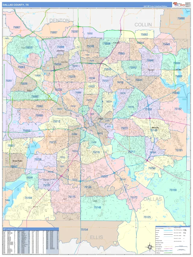 Dallas County, TX ZIP Code Wall Map, ColorCast style