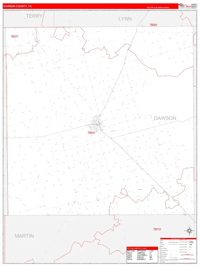 Dawson County, TX ZIP Code Wall Map, RedLine style