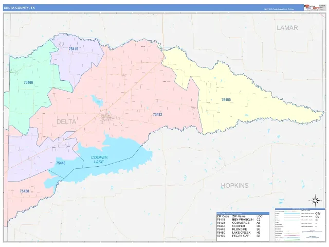 Delta County, TX ZIP Code Wall Map, ColorCast style