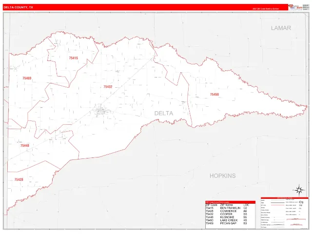 Delta County, TX ZIP Code Wall Map, RedLine style