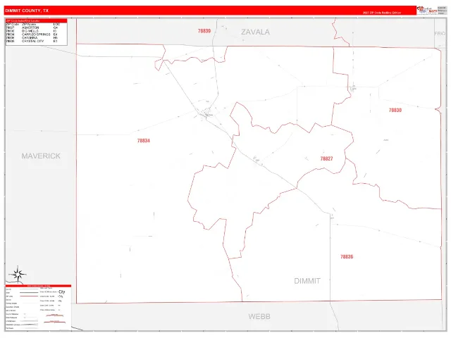 Dimmit County, TX ZIP Code Wall Map, RedLine style