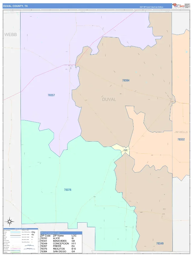 Duval County, TX ZIP Code Wall Map, ColorCast style