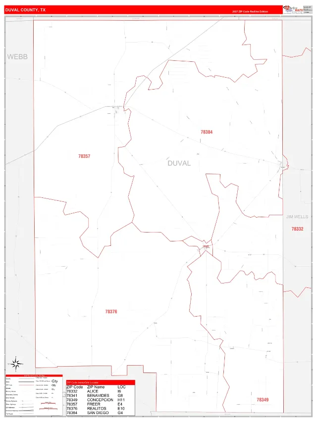 Duval County, TX ZIP Code Wall Map, RedLine style