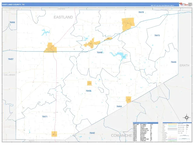 Eastland County, TX ZIP Code Wall Map, Business Reference style