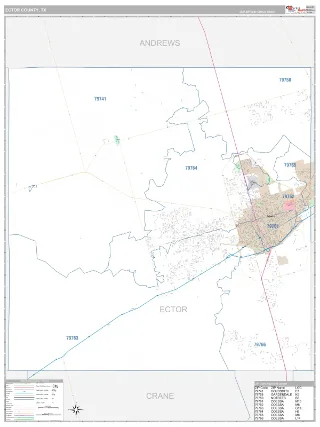 Ector County, TX Classic style ZIP Code wall map