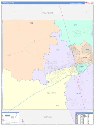 Ector County, TX ColorCast style ZIP Code wall map