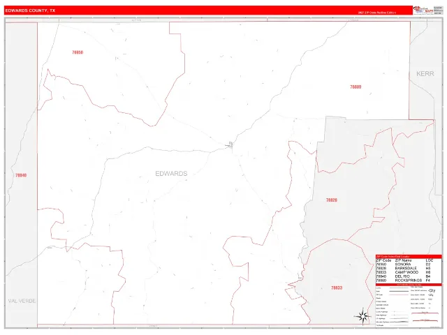 Edwards County, TX ZIP Code Wall Map, RedLine style