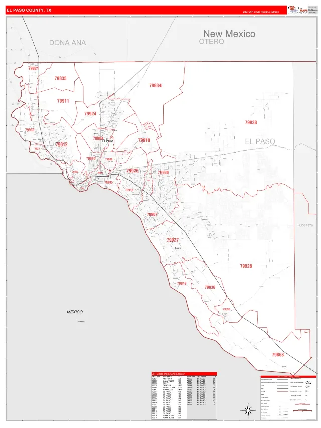 El Paso County, TX ZIP Code Wall Map, RedLine style