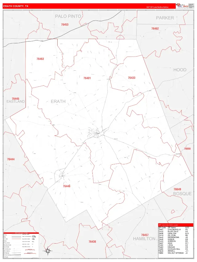 Erath County, TX ZIP Code Wall Map, RedLine style