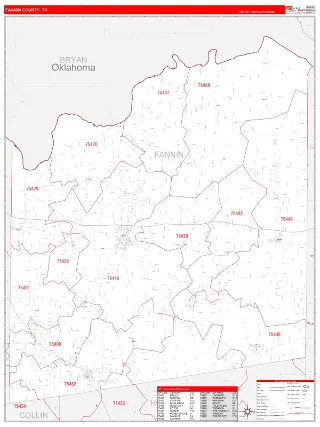 Fannin County, TX RedLine style ZIP Code wall map