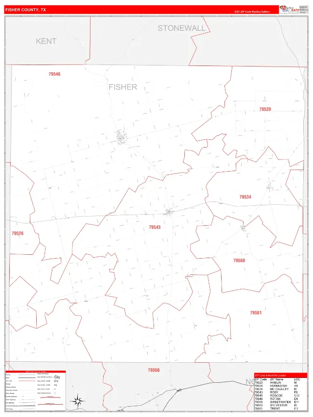 Fisher County, TX ZIP Code Wall Map, RedLine style