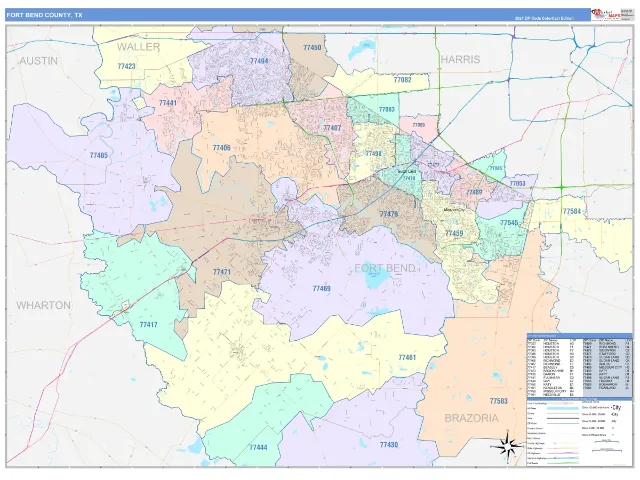 Fort Bend County, TX ZIP Code Wall Map, ColorCast style